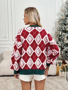 SHEIN LUNE Women's Red And White Knitted Cardigan Sweater,Autumn Holiday Christmas Sequin Top,Cute Pre Diamond Pattern Towel Embroidered Beaded Button Jumper - Red - View 2