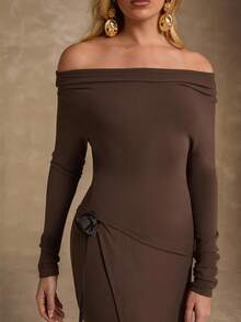 Glamine 2pcs/Set Elegant Party 3D Floral Decor Off Shoulder Top And Skirt - Mocha Brown - View 6