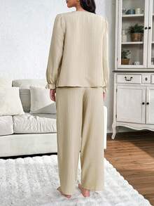 Moonlight&Mama Women's Casual Lace Trim V-Neck Top & Pants Maternity Pajama Set, Winter - Apricot - View 2