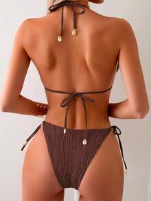 Swim Basics Springbreak Women's Solid Color Halter Tie Sexy Bikini Swimsuit Set, Special Fabric - Coffee Brown - View 2