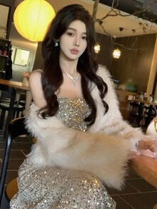 DAZY 女士亮片装饰开衩连衣裙，适合派对、生日、舞会等场合，闪亮礼服 - 銀色 - 查看 3