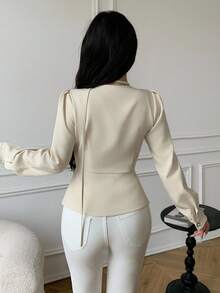 SHEIN LUNE Blusa Elegante Feminina de Cor Sólida com Manga Bufante, Abotoamento Único e Ajustada - Damasco - Visão 2