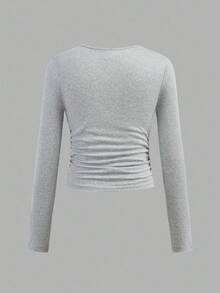 SHEIN Girlism 3件套少女休闲校服字母印花褶皱侧边圆领长袖短款针织T恤上衣，返校季必备 - 淺灰色 - 查看 6