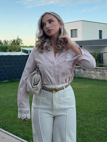 Jeta Ari Elegant Striped Splice Lace Decor Women's Blouse, Fashionable - Coral Pink - View 6