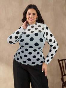 Chikora Plus Size Women Mesh Polka Dot Print Stretchy Fitted Blouse