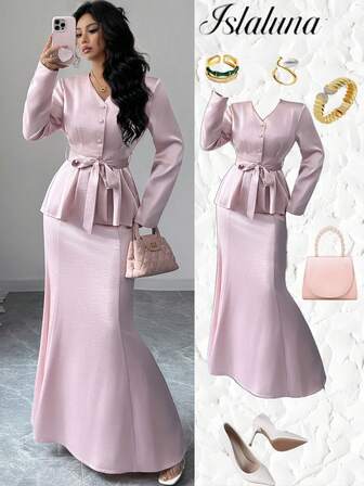 Rafferiza Damset med långärmad topp och lång kjol, 2 delar, satintyg