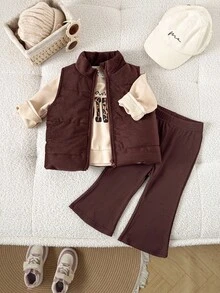 SHEIN Playful Pals 3pcs/Set Baby Girl Unisex Infant Toddler Autumn/Winter Corduroy Padded Vest + White Round Neck Printed Sweatshirt And Elastic Waist Pants, Suitable For School, Casual, Sports, Home, 6M-3T, Children Set, Infant Clothing, Baby Vest Fall Girls Clothes Brown Toddler Outfit Girl Girl Clothes Sets 6M-3T