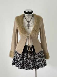 Sunspun Plus Size Cardigan Fashionable Sweater Slimming Tie-Up Fuzzy Collar - Khaki - View 3