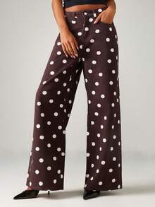 MISSGUIDED Wide Leg Polka Dot Print Pants High Rise Brown White Party Evening Occasion Statement Fashion Wide Flare Pants - Multicolor - View 3