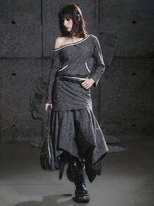 Bloopia Retro American Sporty Casual Street Style Women's Asymmetrical Asymmetric Shoulder Punk Distressed Texture Loose Long Sleeve Pullover Mini Dress, Suitable For Autumn/Winter And Halloween - Grey - View 1