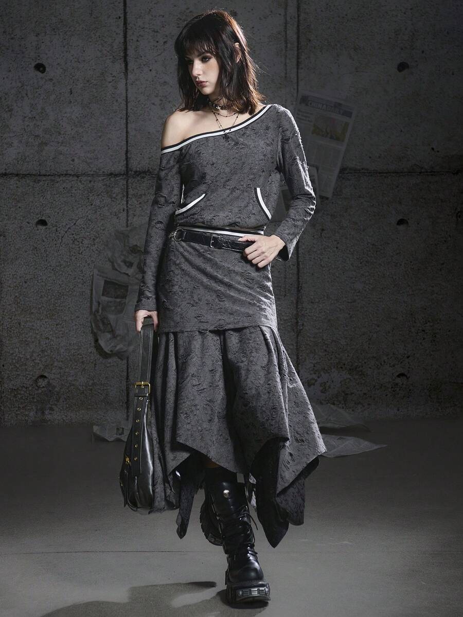 Bloopia Retro American Sporty Casual Street Style Women's Asymmetrical Asymmetric Shoulder Punk Distressed Texture Loose Long Sleeve Pullover Mini Dress, Suitable For Autumn/Winter And Halloween - Grey - View 1
