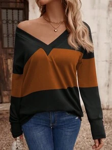 EMERY ROSE New Fashion Women's Colorblock V-Neck Layered Long Sleeve T-Shirt