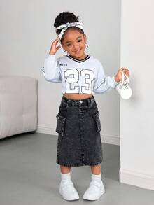 年轻女孩 Y2K 黑色牛仔修身半身裙，适合秋季、冬季、休闲时尚度假、街头穿搭，展现 2000 年代风格，喇叭裤款式，适合女孩圣诞节穿着，黑色牛仔半身裙 - 黑色 - 查看 5