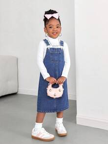 SHEIN 年轻女孩海军蓝牛仔背带裙 - 中等水洗藍 - 查看 5