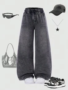 Sparklyn 青少年女孩简约阔腿牛仔裤