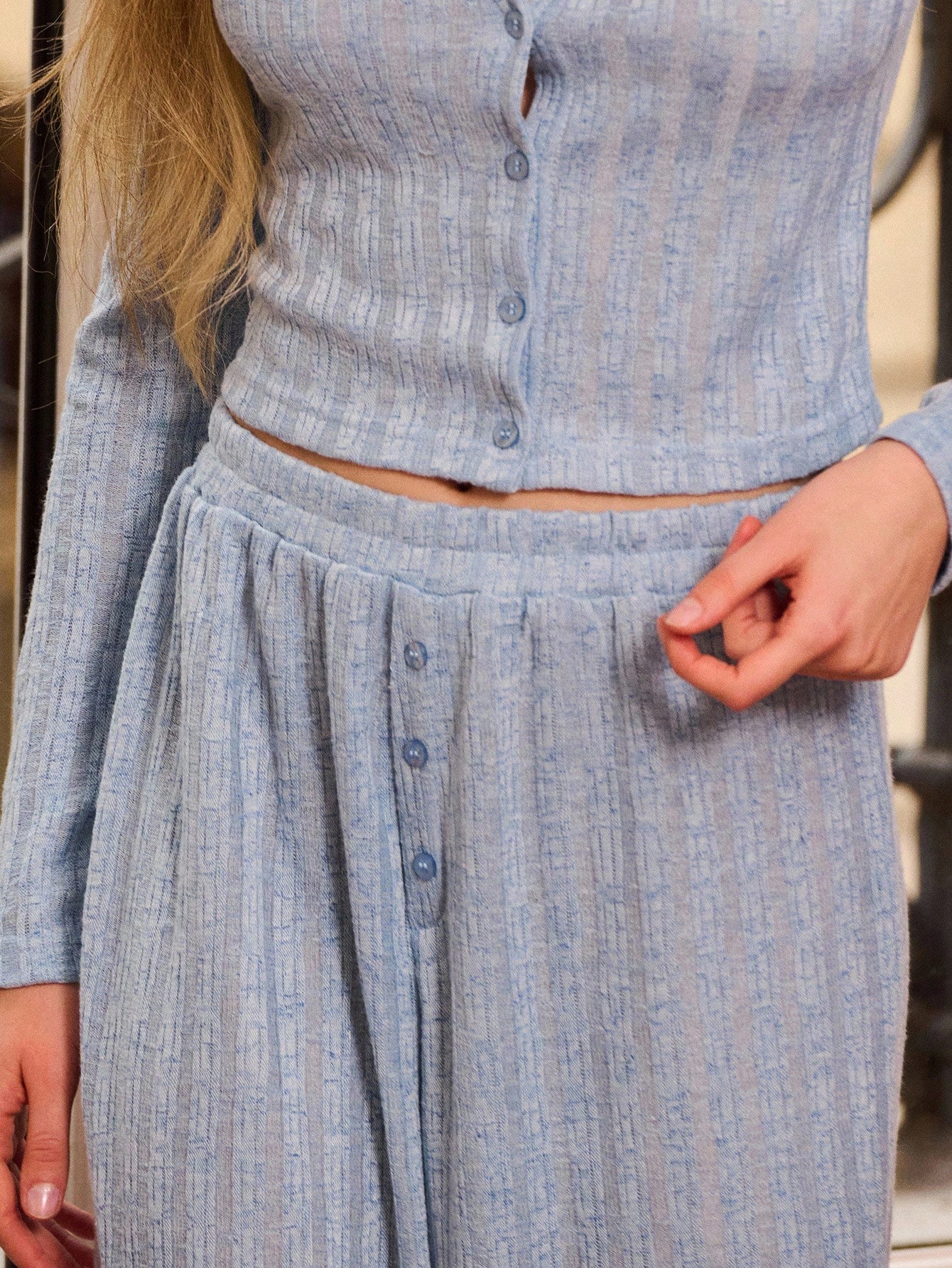 Cosy Soft Rib Spring Summer Sky Blue Loungewear Set With Long Sleeve Button Front Top And Matching Loose Fit Wide Leg Trouser