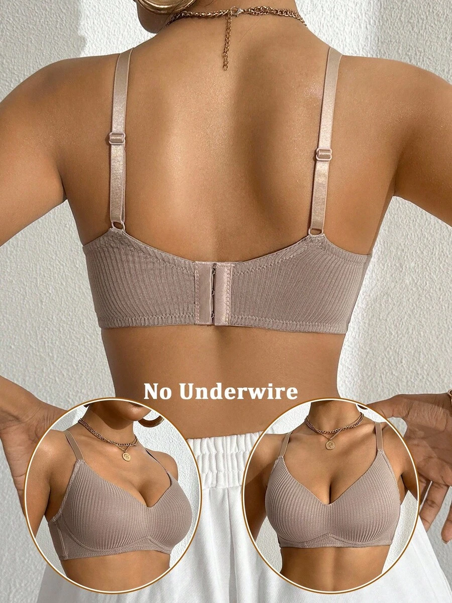 女士舒适休闲罗纹面料纯色内衣无钢圈软杯防下垂文胸 - 摩卡棕 - 查看 1