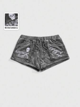 Goth Pantalones cortos de mujer con cremallera y forro polar con bordado de letra y calavera, estilo universitario, Halloween