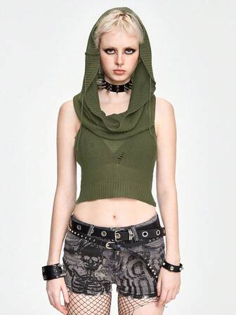 Grunge Punk Maglietta corta senza maniche con cappuccio in maglia tinta unita, stile Y2K