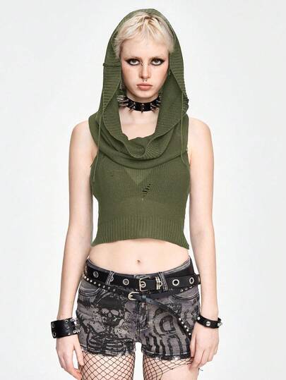 Grunge Punk Women's Y2K Solid Color Cropped Sleeveless Hooded Knit Top