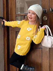 SHEIN Young Girl Floral Pattern Round Neck Raglan Sleeve Casual Loose Knit Sweater, Autumn/Winter - Yellow - View 4