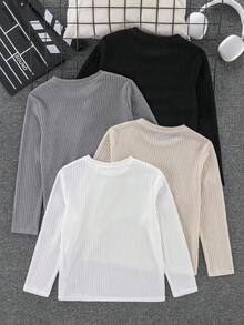 SHEIN Bộ 4 áo thun dài tay cổ tròn thoải mái, rộng rãi cho bé trai/trẻ em, 4 mẫu thiết kế khác nhau - Nhiều màu - Xem 2