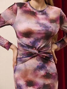 lacRébo 水彩网眼扭纹前开襟长袖修身连衣裙 秋季女装 秋季服装 - 彩色 - 查看 4