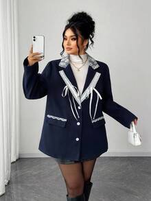 Elenzga Plus Size Women Front Button Long Sleeve Overcoat, Casual For Autumn/Winter - Navy Blue - View 5