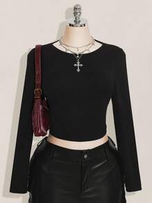 SHEIN ICON Women's Plus Size Solid Color Long Sleeve Chinese Dragon Mesh Open Back Y2K Millennial Style Sexy Street Avant-Garde Fashion Bold Slim Black T-Shirt/Fall/Winter