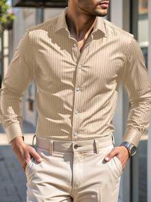 Calvornis 男士翻领条纹长袖衬衫，成熟休闲上衣，男士礼物，商务休闲衬衫，秋季