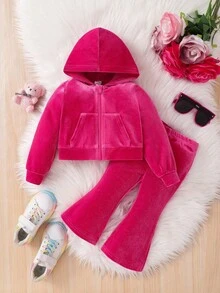 SHEIN 女婴纯色长袖连帽水钻装饰休闲运动衫套装 - 玫紅色 - 查看 7