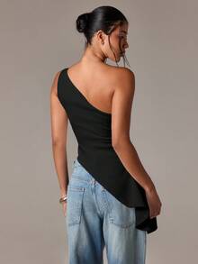 AiiRZ Elegant Asymmetric One Shoulder Peplum Blouse With Ruched Waist Side Drape Evening Party Top Occasion Wear Holiday Festive Fall Winter - Black - View 2
