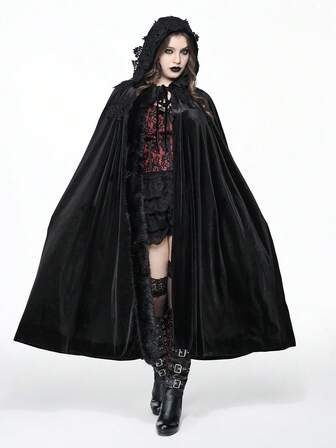Goth Capa con capucha de encaje y terciopelo estilo gótico vintage, talla grande, para otoño/invierno