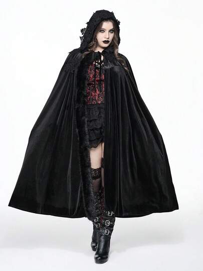 Goth Cape à capuche en velours et dentelle gothique vintage, grande taille, automne/hiver