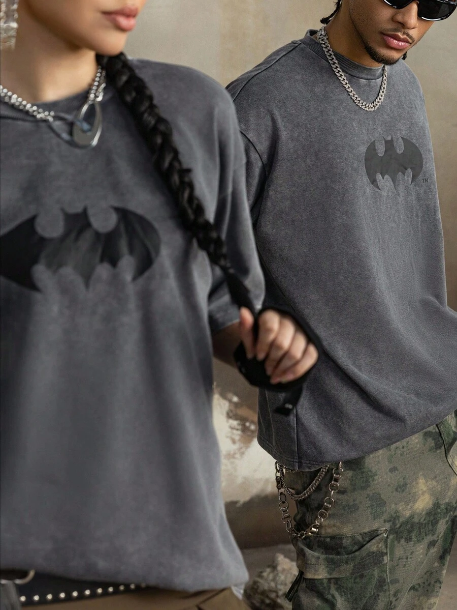 BATMAN X SHEIN Men's Casual Bat Print Round Neck Short Sleeve T-Shirt, Summer