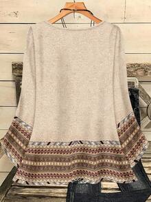 EMERY ROSE Plus Size Women Casual All-Over Print Round Neck Loose 3/4 Sleeve Shirt, ,Flower/Spring/Summer/Vacation Fall - Khaki - View 2