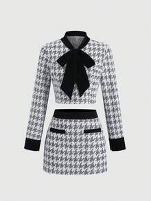 Sweetra Women's New Spring/Autumn/Winter Houndstooth Patchwork Solid Color Black Velvet Fabric Bow Decor Waist Velvet Mini Skirt 2 Pieces Set, Suitable For Outing, Commuting, Vacation - Multicolor - View 1