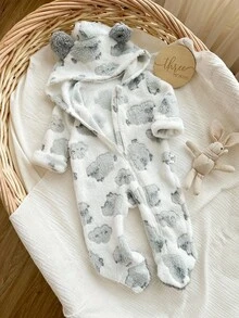 新生女婴可爱毛茸茸卡通图案连帽连体衣，秋冬 - 米色 - 查看 7