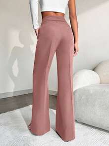 EURMUSE Women's Casual Workwear Commute Daily Simple Solid Color Slant Pocket Seam Front Suit Pants - Dusty Pink - View 2