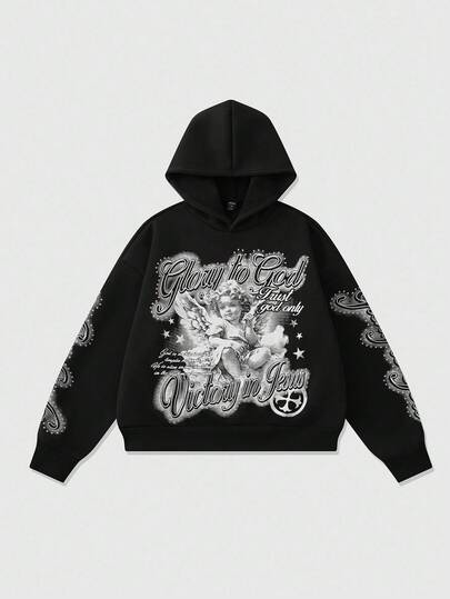 Street Life Sudadera con capucha estampada para hombre, estilo suelto y corto