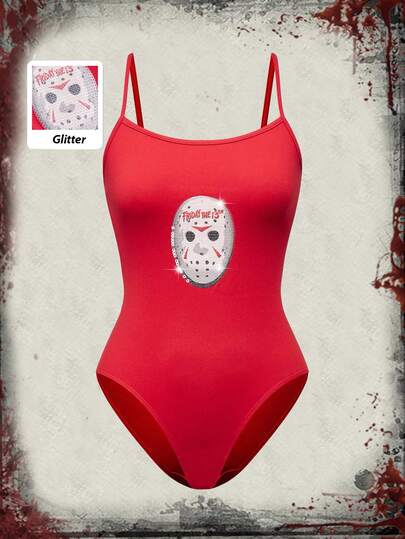 Friday the 13th X ROMWE Horror Movie Sequin Embroidered Sexy Spaghetti Strap Bodysuit For Women