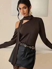 Lyxana Women's Autumn/Winter Mirrored Brown Off-Shoulder Sexy & Elegant Flared Sleeve Blouse - Chocolate Brown - View 1