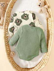 SHEIN 新生男宝宝杏色条纹卡通印花长袖连体衣搭配绿色泰迪熊刺绣连体衣，两件套，时尚个性，可爱秋季新款 - 彩色 - 查看 2