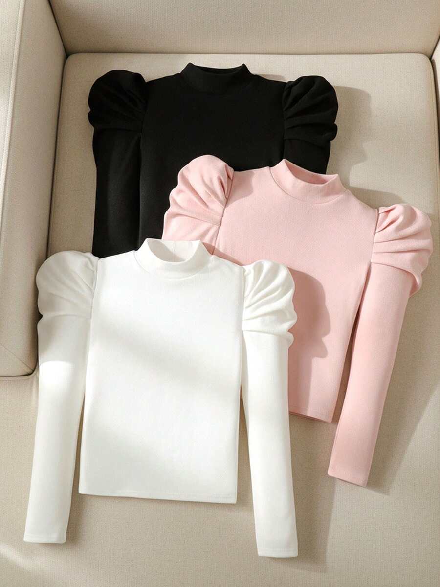 SHEIN Tween女孩 3件組休閒圓領長袖修身保暖T恤,秋季穿著,保暖內裡,柔軟舒適,黑色/白色/粉色 - 彩色 - 查看 1
