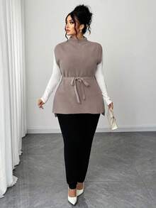 Elenzga Damen Pullunder Einfarbig, lässig und minimalistisch, in Große Größen - Khaki - Übersicht 6