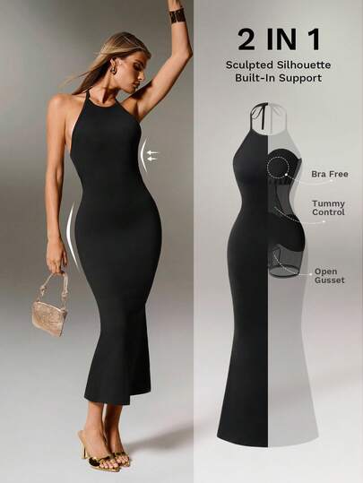 Nuvra 女式无袖露背双层收腹塑身连衣裙，带衬里，长款修身塑身连衣裙