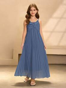 Girls' Dusty Blue Summer Elegant Wedding Guest Chiffon Long Dress,V-Neck Sleeveless High Waist Flowing Pleated Minimalist Graduation Prom Party Dress - Blue - View 1