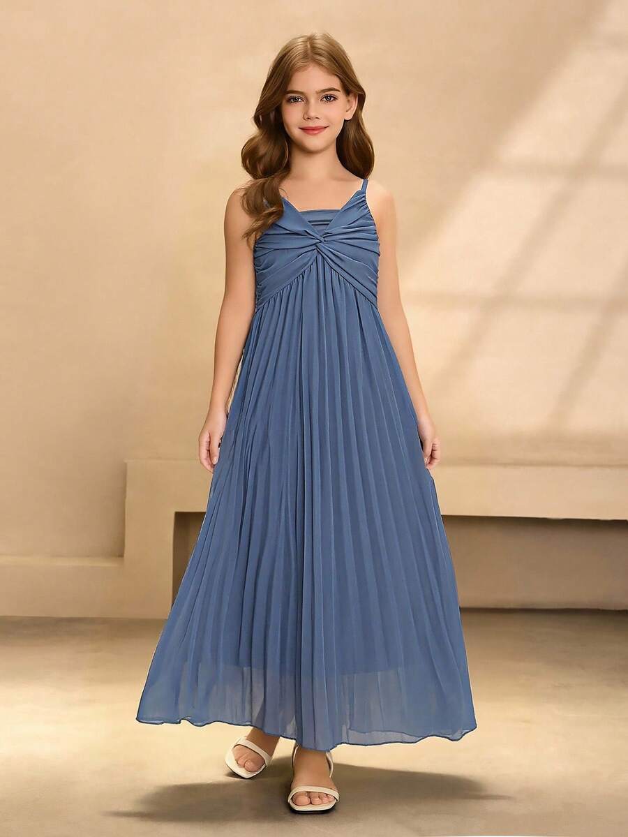 Girls' Dusty Blue Summer Elegant Wedding Guest Chiffon Long Dress,V-Neck Sleeveless High Waist Flowing Pleated Minimalist Graduation Prom Party Dress - Blue - View 1