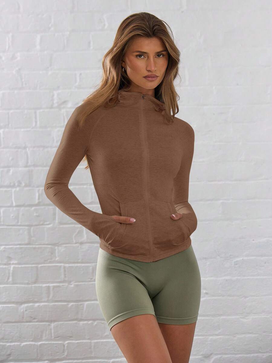 Musera Sport Áo khoác thể thao trùm đầu có khóa kéo toàn bộ, vừa vặn, tập Padel, quần vợt, bóng chày - màu nâu - Xem 1