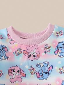 Young Girl's Purple Gradient Rabbit Print Long-Sleeve Crewneck Sweatshirt & Purple Leggings Set – Stylish, Elegant & Cute Daily Outfit For Spring & Autumn - Pink - View 4